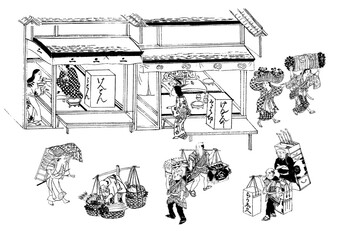 江戸時代　商人　商売　商売道具　商品　食べ物　飲食　日本人　侍　武士　農民　女中