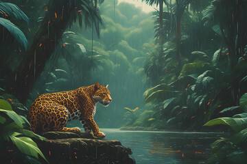 Art of the jaguar in the forest. Digital illustration of Leopard in the tree. Jaguar in the interior of the Amazonia tropical forest. Rain Forest. Amazônia - obrazy, fototapety, plakaty