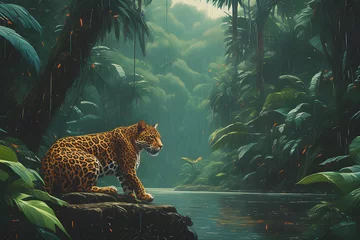 Foto op Plexiglas Art of the jaguar in the forest. Digital illustration of Leopard in the tree. Jaguar in the interior of the Amazonia tropical forest. Rain Forest. Amazônia © SuperTittan