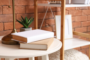 Books with succulent on table in room, closeup