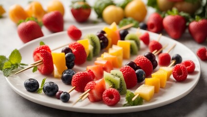 fresh rainbow fruit skewers on white plate. Ai Generated