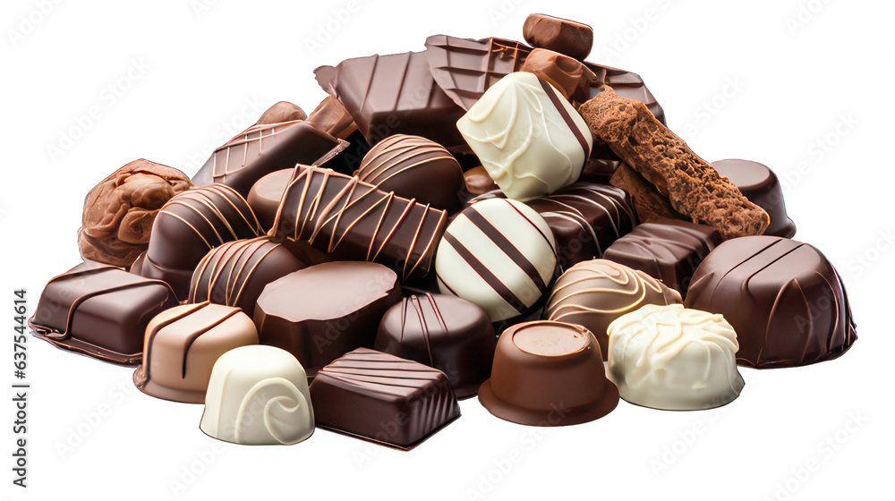 Poster various chocolates isolated on white created with generative ai