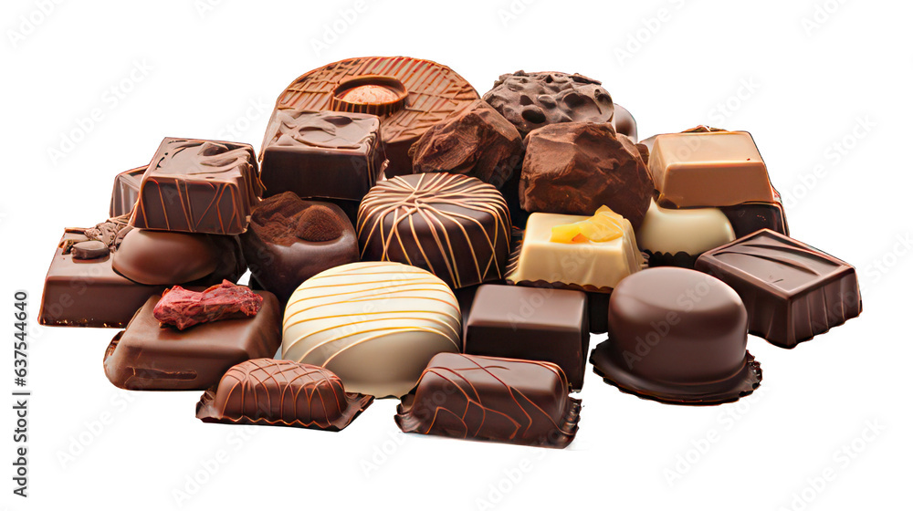 Poster various chocolates isolated on white created with generative ai