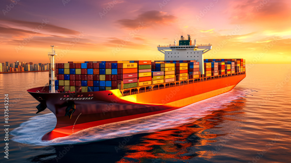 Poster container cargo freight ship with working crane bridge at sunset for logistic import export backgrou