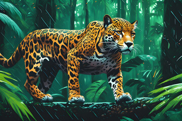 Art of the jaguar in the forest. Digital illustration of Leopard in the tree. Jaguar in the interior of the Amazonia tropical forest. Rain Forest. Amazônia