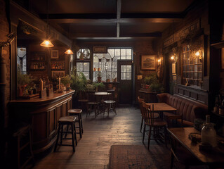 Timeless Charm Unveiled: Step Inside the Enchanting Ambiance of an Old Rustic English Pub! Still Life, Interior