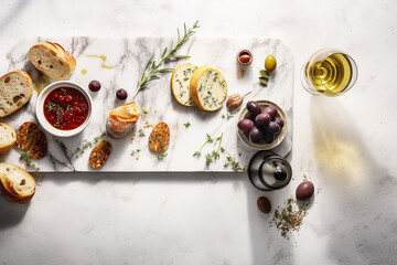 Herb bread, dried tomatoes, olives apertif, white wine glass. Generative AI
