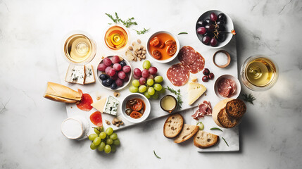 Aperitif board with salami, bread, olives and oranges, top view. Generative AI