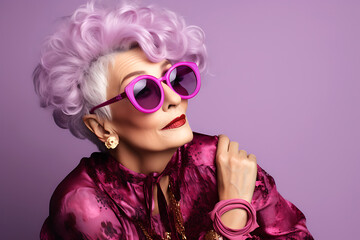 Beautiful elderly fashionable woman in stylish burgundy clothes with purple hair and glasses posing on a purple background.