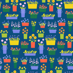 Seamless pattern flowers in pots. Cute flowers in vases and pots