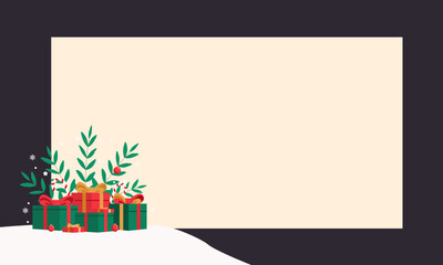 Frame with Christmas composition.Gift boxes and mistletoe. Vector illustration with empty space.