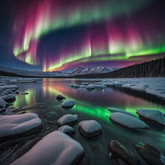 Enchanted Arctic Night: Aurora Borealis Paints a Majestic Canvas of Trees, Mountains, Sky, and Sea