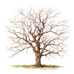 Fototapeta na wymiar Watercolor painted bare tree on transparent background, fall design element