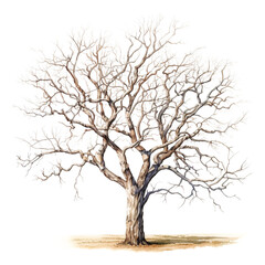Fototapeta na wymiar Watercolor painted bare tree on transparent background, fall design element
