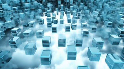 Obraz premium Data floating in a digital cloud, accessed by devices on the ground, visualizing the concept of remote data storage and access