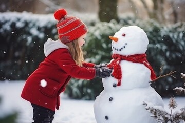 A girl in a red jacket and a black hat makes a snowman in the garden