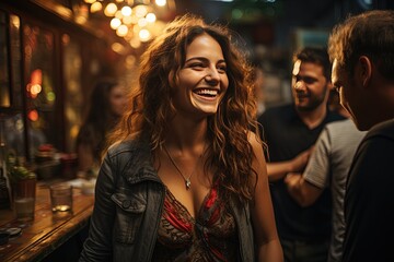 Friends gathered at a cafe, their faces illuminated by genuine smiles and peals of laughter, radiating the delight of their shared moments