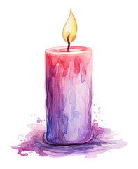 Watercolor painted colorful burning candle on transparent background, graphic design element
