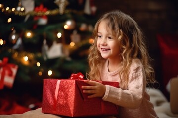 Fototapeta na wymiar Girl puts a big red gift under the Christmas tree