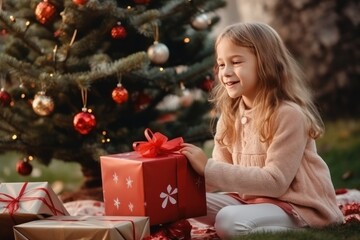 Girl puts a big red gift under the Christmas tree