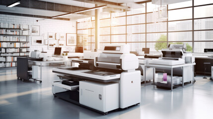 Interior of modern office printshop with multifunctional professional publishing and photocopy equipment. Business, paperwork and publication. Large format printer - obrazy, fototapety, plakaty