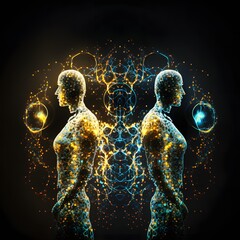 Siamese twins ai neural networks, innovation idea man neuro interface glow virtual network - obrazy, fototapety, plakaty