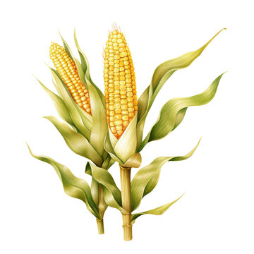 Watercolor painted corn stalk, fall harvest design element