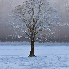 winter snowy tree in field. AI generated