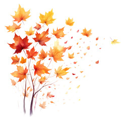 Watercolor falling leaves on transparent background, fall design element