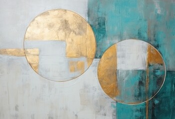 Obraz na płótnie Canvas Abstract painting in black and turquoise with gold shapes, in the style of textured backgrounds .