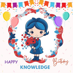 Cute cartoon girl in a Happy birthday knowledge costume. Happy birthday knowledge Postcard, Boo Postcard, AI-Generated Images