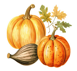 Watercolor painted gourd and squash on transparent background, autumn agriculture harvesting theme