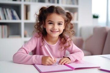 Fototapeta premium A girl in a pink T-shirt sits at a white table and draws