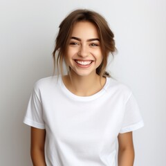 Fototapeta premium Young woman in white t-shirt. isolated