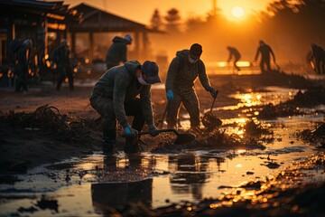 Fototapeta premium Dedicated environmentalists and passionate volunteers working together to clean up a sandy beach, diligently removing plastic debris and trash to restore its natural beauty