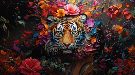  creative colorful tiger king head on pop art style with soft mane and color background © Igor