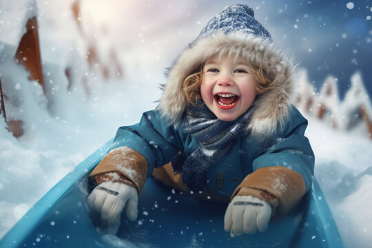 little girl riding on snow slides illustration. High quality photo