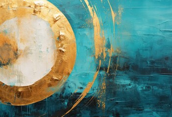 Abstract painting in black and turquoise with gold shapes, in the style of textured backgrounds .