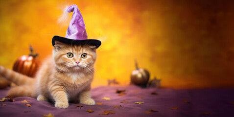 A Halloween-themed scene featuring an adorable ginger cat wearing a witch hat, set against a vibrant orange backdrop