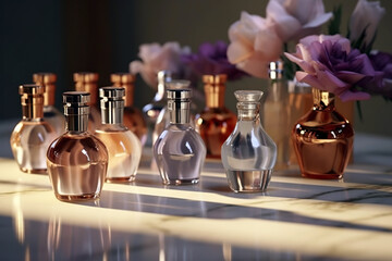 Elegant perfume blend, fragrance bottles adorned with blossoms, delicate illustration.