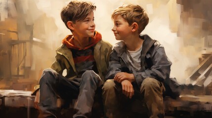 A painting of two boys sitting next to each other