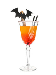Glass of tasty Margarita cocktail for Halloween on white background
