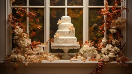 A wedding cake sitting on top of a window sill