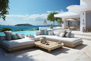 Summer vacation at poolside. Veranda decorated with deck chairs and umbrella with an ocean view