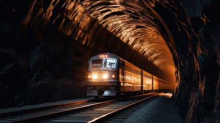 Fototapeta na wymiar A train travels through a tunnel, highlight color contrast photography. Generative AI