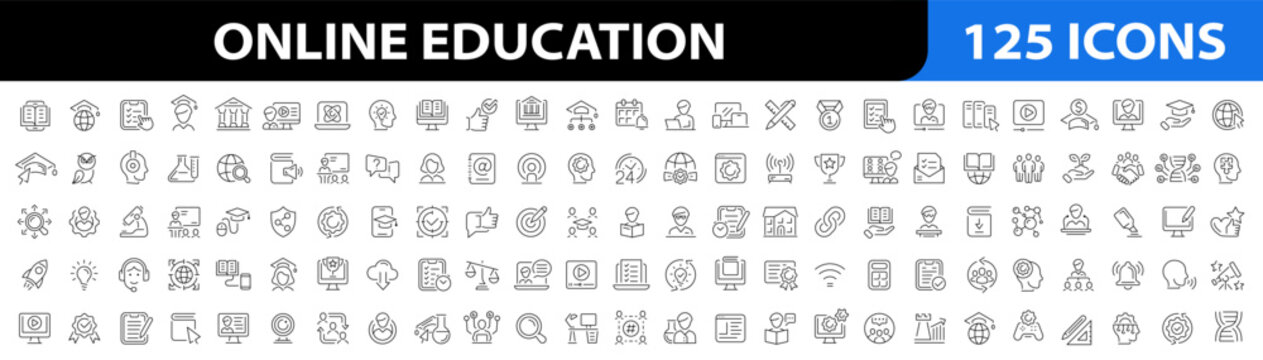 Online education icon set. E-learning line icons. Vector illustration