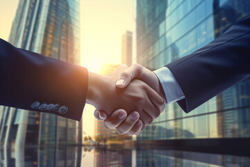 Businessmen making handshake in the city - business etiquette, congratulation, merger and acquisition concepts, panoramic banner. High quality photo