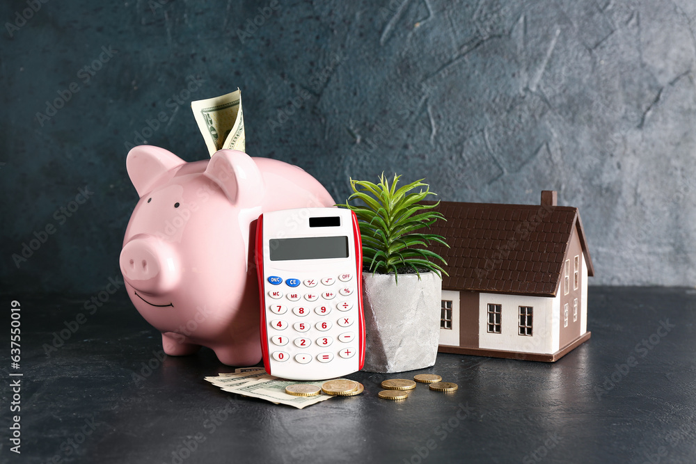 Sticker calculator with piggy bank, house model, money and houseplant on black background