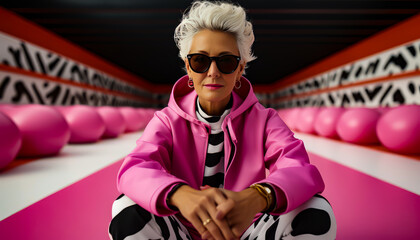 a woman is wearing black, white and pink and posing in a colorful room