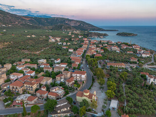 Fototapeta premium Aerial view of the wonderful seaside village of Kardamyli, Greece located in the Messenian Mani area. It's one of the most beautiful places to visit in Greece, Europe